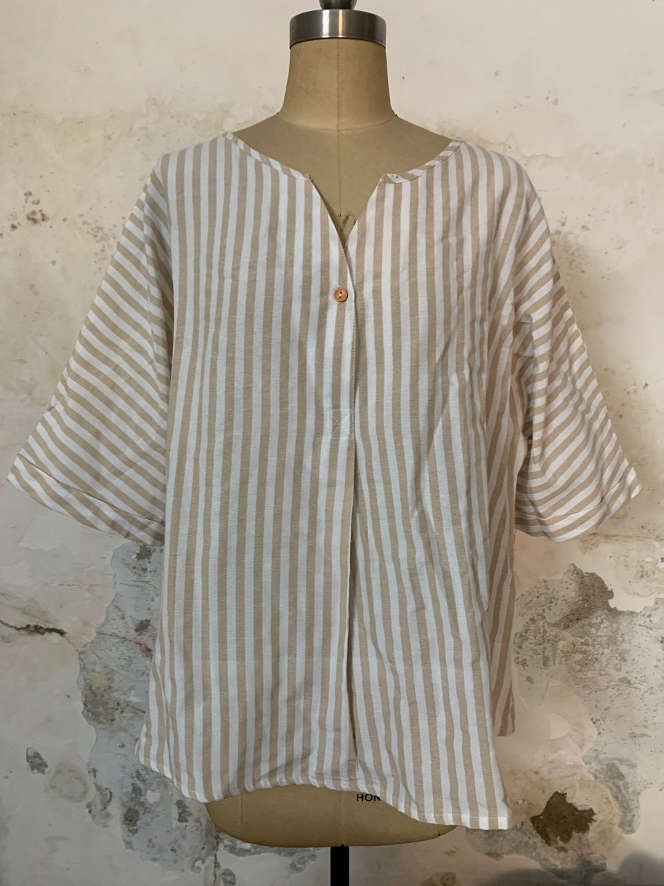 V-neck Striped Loose Short-sleeved Cotton And Linen Shirt