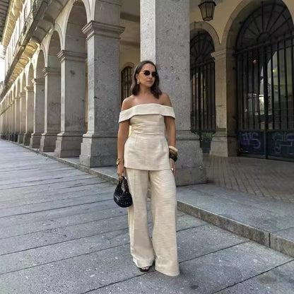 Side Slit Off-the-shoulder Top Wide Leg Pants Suit