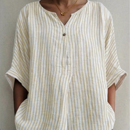 V-neck Striped Loose Short-sleeved Cotton And Linen Shirt