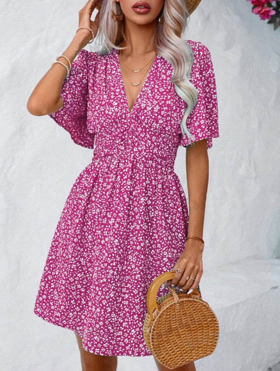 Women's Deep V-neck Summer New Ruffle Sleeve Small Floral Dress