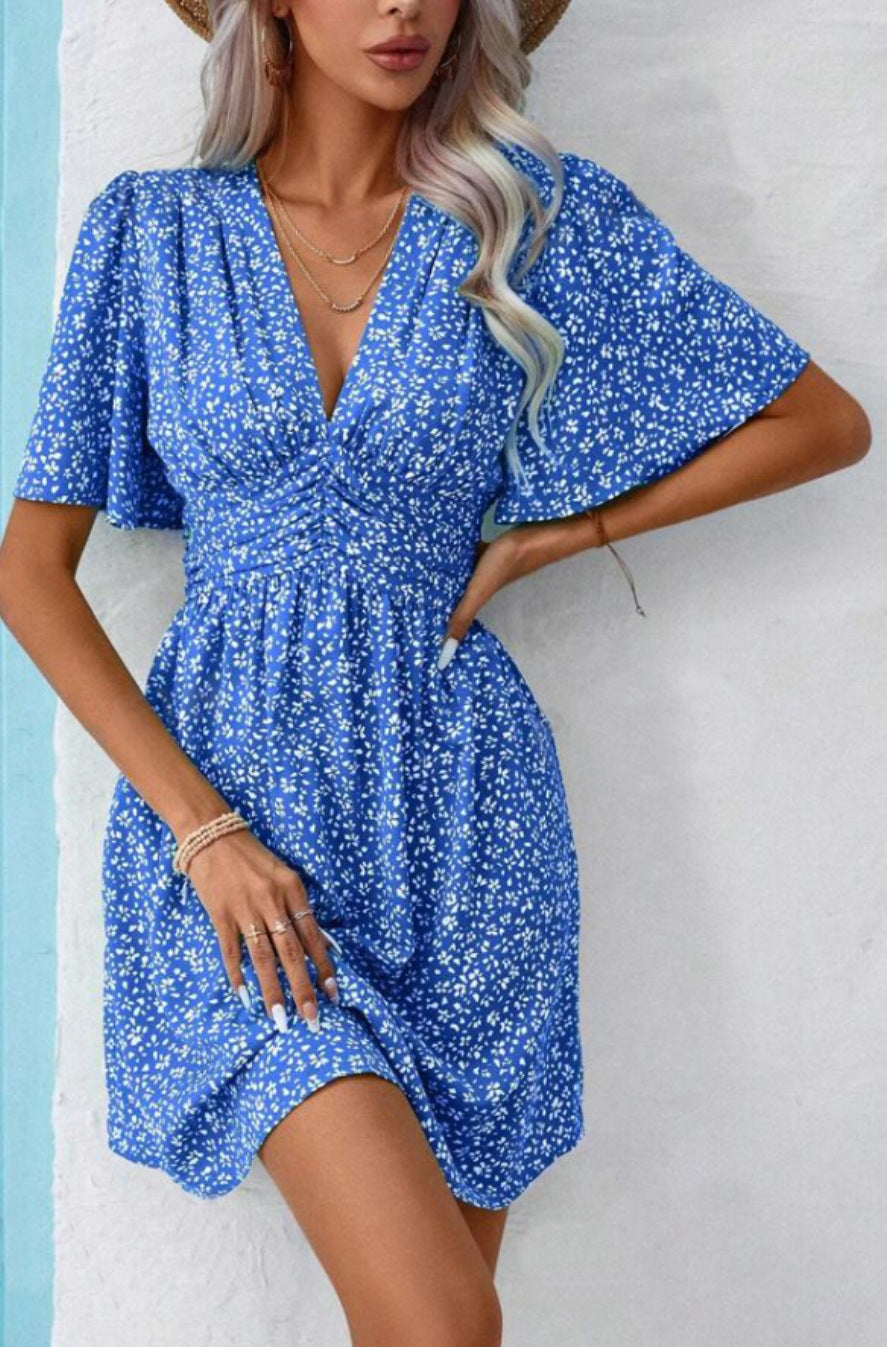 Women's Deep V-neck Summer New Ruffle Sleeve Small Floral Dress