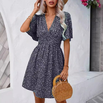 Women's Deep V-neck Summer New Ruffle Sleeve Small Floral Dress