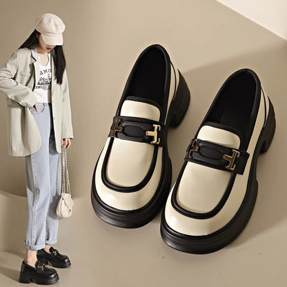 Chunky Heel Fashion Round Toe All-matching Casual Leather Shoes