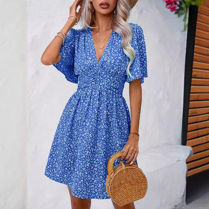 Women's Deep V-neck Summer New Ruffle Sleeve Small Floral Dress