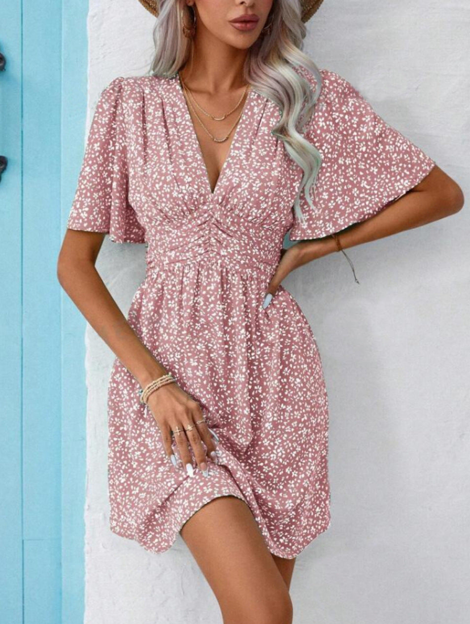 Women's Deep V-neck Summer New Ruffle Sleeve Small Floral Dress