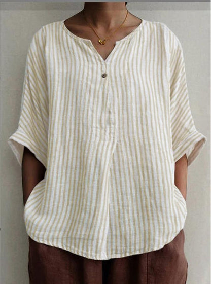 V-neck Striped Loose Short-sleeved Cotton And Linen Shirt