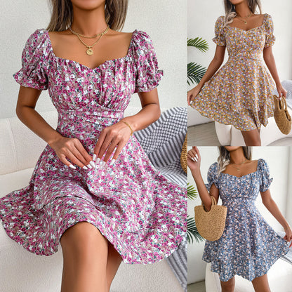 Women Mini Dress Temperament Big Swing Loose Hem Flower Print Shirring Dress Up Short Sleeves High Waist Summer Dress Clothes