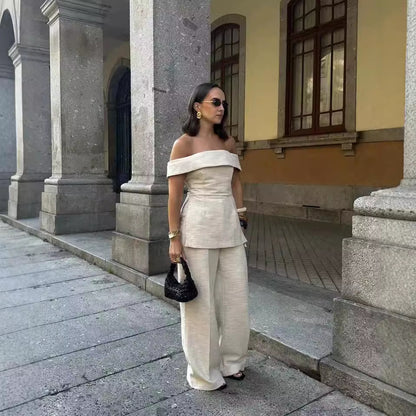 Side Slit Off-the-shoulder Top Wide Leg Pants Suit