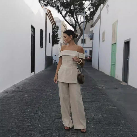 Side Slit Off-the-shoulder Top Wide Leg Pants Suit