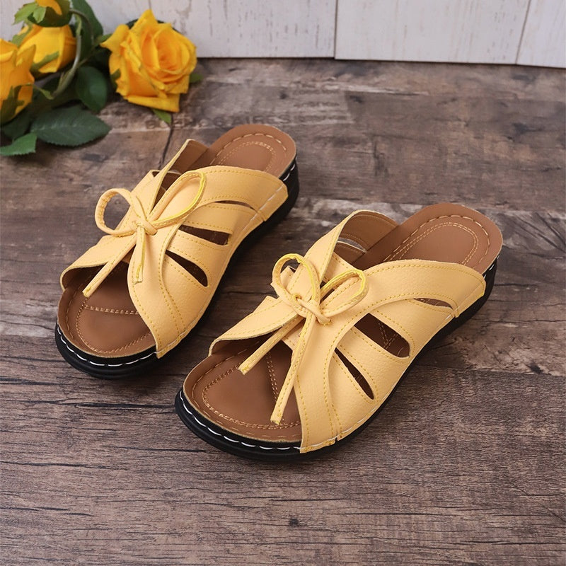 Plus Size Bow Flat Wedge Swing Line Hollow Sandals