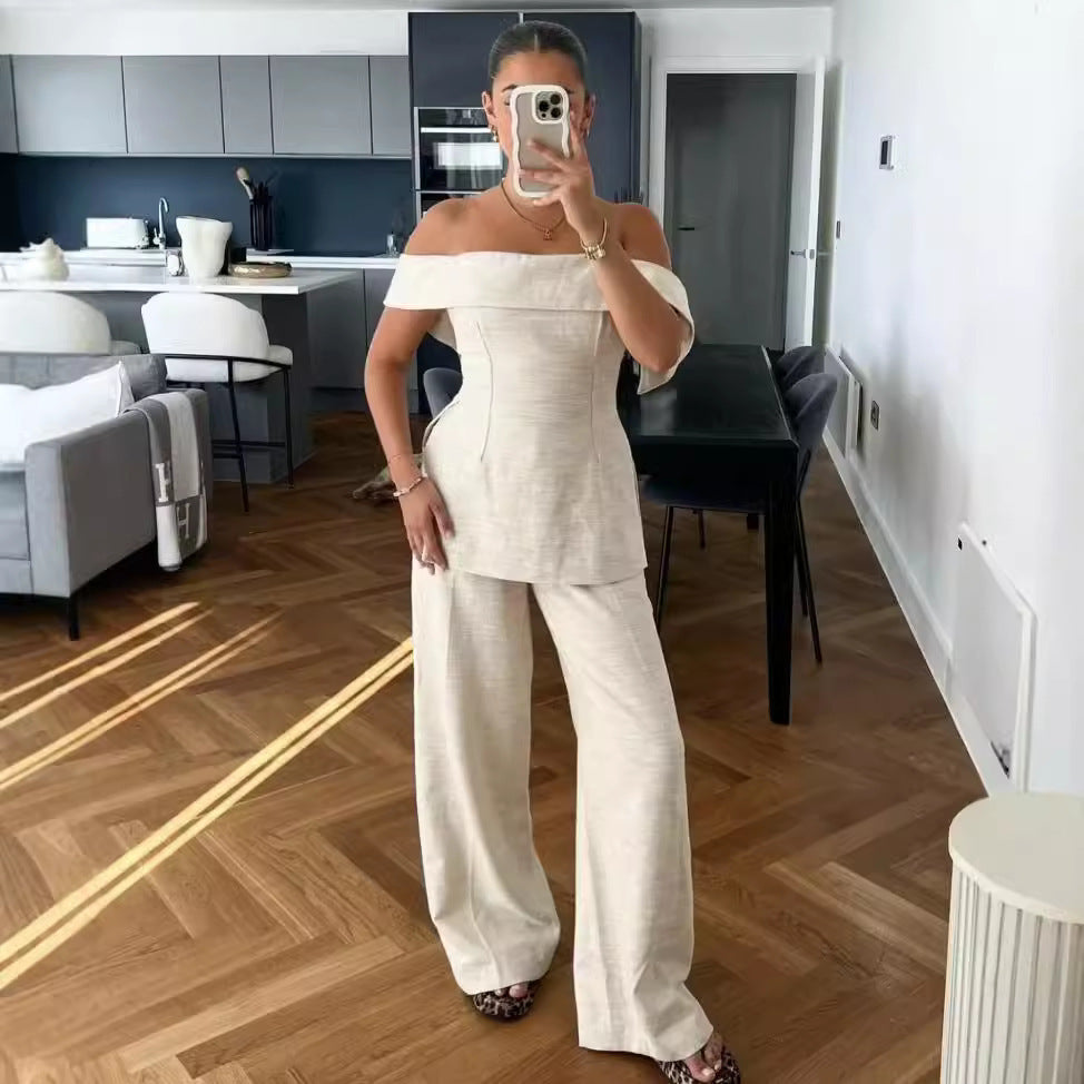 Side Slit Off-the-shoulder Top Wide Leg Pants Suit